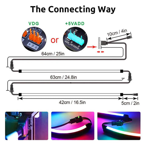 Diagram showing the Dope Addressable RGB LED Strip Kit 2x15.7 Inch WS2812 Rainbow ARGB Lights connection setup with measurements.