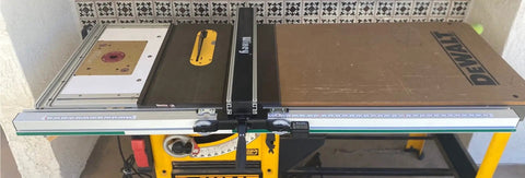 Heavy Duty Digital Table Saw Fence System Built Tough With Industrial Steel And Aluminum For Dead On Cuts And Pro Level Precision Woodworking on workbench.