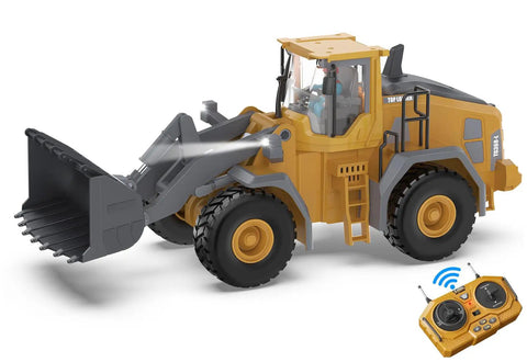 Metal RC Wheel Loader Toy with Realistic Lights and Sounds, 1 to 20 Scale, 9-Channel Remote Control shown with remote