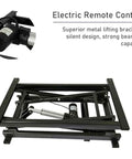Electric lift desk wired control mechanism with sturdy black metal bracket and silent lifting motor design.