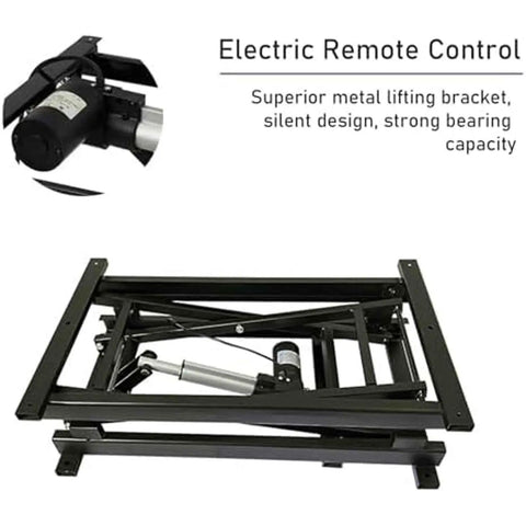 Electric lift desk wired control mechanism with sturdy black metal bracket and silent lifting motor design.