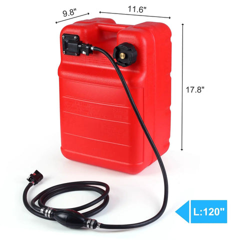 Portable 6 Gallon 24L Marine Fuel Tank With 9.8 Foot Hose Level Gauge And L Shaped Handle, red tank with hose on white background