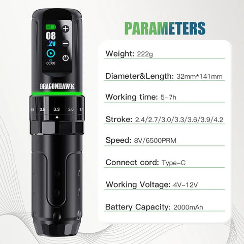 Dragonhawk L3 cordless tattoo pen machine with LCD display, black with green ring