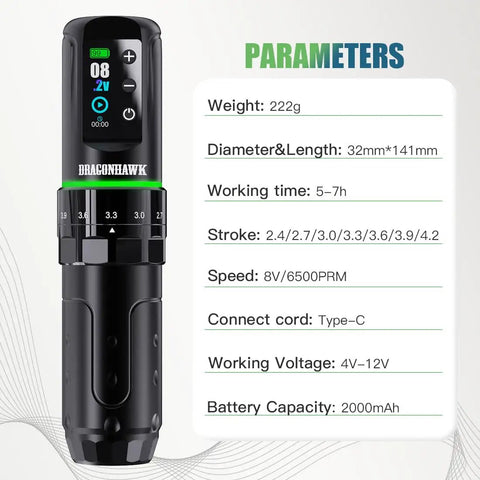 Cordless Tattoo Gun Kit Pro Grade Pen Machine With 7 Stroke Options Long Battery Life Two Batteries Power Supply Mcore Motor Needles And Cartridges For Pro Artists black pen machine, 32x141mm, 222g