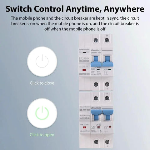 Two Pole WiFi Smart Circuit Breaker for Home Use 100A 220V Energy Monitor Switch with App Remote Control panel view