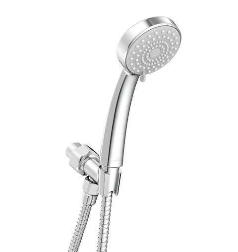 Evolve ShowerStart Express Multifunction 1.5 GPM Handheld Shower with Hot Water Saver Thermostatic Valve and Auto-Diverting Tub Spout System, Chrome handheld showerhead close-up.