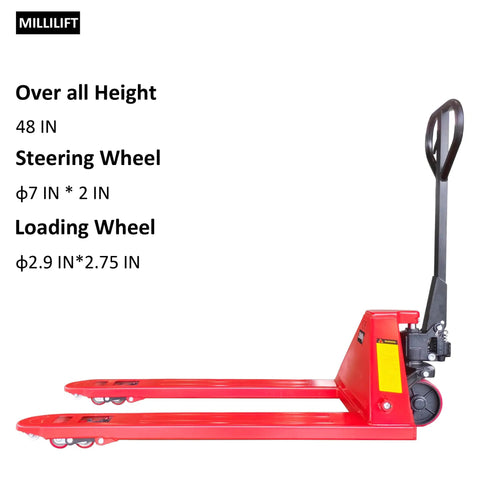 Heavy Duty Manual Pallet Jack With Forty Eight Inch Forks And Five Thousand Five Hundred Pound Capacity Built Like A Tank Using High Strength Steel For Rock Solid Performance On Demanding Warehouse Tasks And Pro Hauling