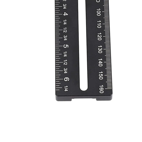 Close-up of Thin Jig For Table Saw Aluminum Alloy T Track Guide with measurements in centimeters visible on black surface.