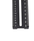 Close-up of Aluminum Alloy Sliding Tenon Jig engraved scales for precise cuts on table saw guide.