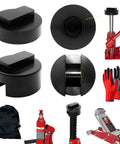Heavy Duty Jack Pad Adapter Set For BMW And Mini Four Piece Rubber Pucks And Dual Use Axle Saddle Adapters With Work Gloves And Storage Bag