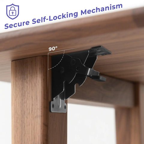 Hefty Duty Folding Brackets Kit Featuring Auto Self Locking Hinges And Forty Screws In Every Four Pack for secure self-locking mechanism at 90 degrees.
