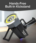 Monster Bright Rechargeable Spotlight with 10 Modes and Turbo Boost to 100 Percent, showing built-in kickstand for hands-free use.