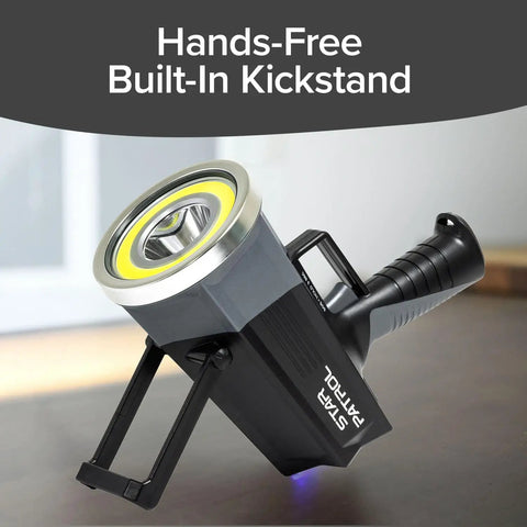 Monster Bright Rechargeable Spotlight with 10 Modes and Turbo Boost to 100 Percent, showing built-in kickstand for hands-free use.
