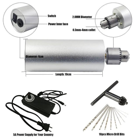 Pro Grade Portable Handy Mini Electric Hand Drill For DIY PCBs Adjustable 0.3mm To 4mm Chuck Aluminum Body with components shown