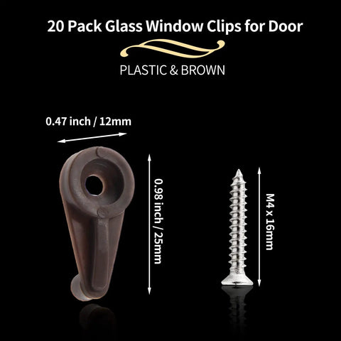 20 Pack Brown Plastic Glass Retainer Clips For Bathroom Mirrors And Cabinet Doors Heavy Duty Window Holders dimensions with screw.