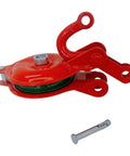 Beefed Up Yarding Block With Side Opening Link 4 Inch Single Sheave Red Powder Coat Fits 9 mm Rope 2200 Lbs Working Load Limit, side view