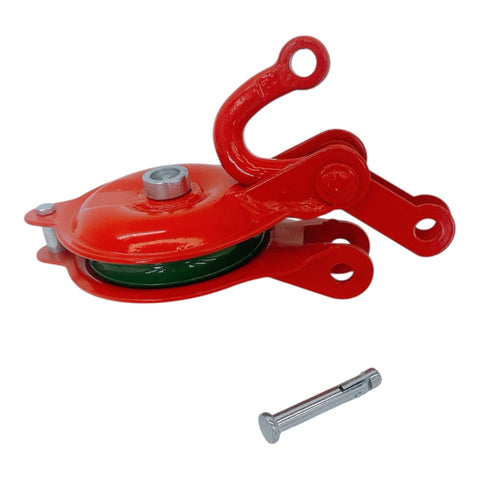 One Ton Snatch Block Pulley With Shackle, Heavy Duty Single Sheave 4 Inch Wheel, 2,200 Lb Working Load Limit, Red Powder Coat, Side Opening