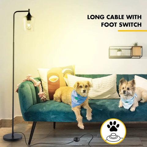 Industrial Black Floor Lamp For Living Room And Bedroom With Champagne Glass Shade next to a sofa with two dogs.