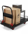 2-in-1 Folding Flatbed Cart With Removable Cage, Heavy Duty Platform Truck For Home And Workshop, Built To Haul Big Loads, Quick Switch To Flat Cart For Bulky Items, Durable PP And Steel Construction loaded with boxes and furniture