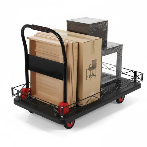 2-in-1 Folding Flatbed Cart With Removable Cage, Heavy Duty Platform Truck For Home And Workshop, Built To Haul Big Loads, Quick Switch To Flat Cart For Bulky Items, Durable PP And Steel Construction loaded with boxes and furniture