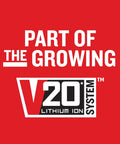 V20 Lithium Ion System logo on red background with "Part of the Growing" text.