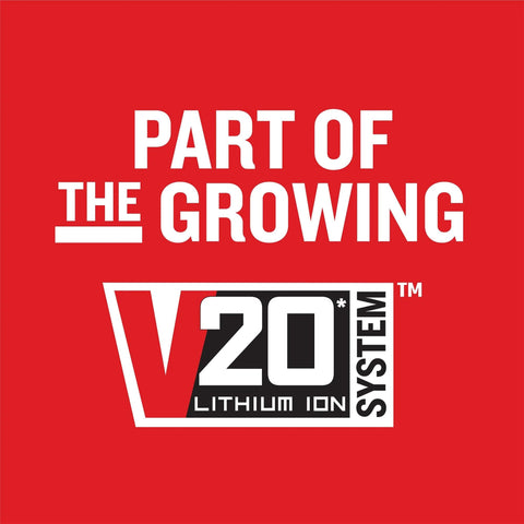 V20 Lithium Ion System logo on red background with "Part of the Growing" text.