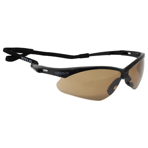 Heavy Duty Anti Fog Safety Glasses Rated ANSI Z87 Plus With Tactician Style Wraparound Design with brown tinted lenses and strap.