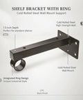 Heavy Duty Wall Mount Shelf Bracket With Ring For Pipe Or Wood Shelving, Black Finish, 7.9 Inch Depth, Versatile Steel Support, Ideal Garage