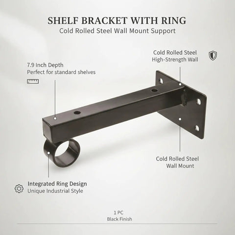 Heavy Duty Wall Mount Shelf Bracket With Ring For Pipe Or Wood Shelving, Black Finish, 7.9 Inch Depth, Versatile Steel Support, Ideal Garage