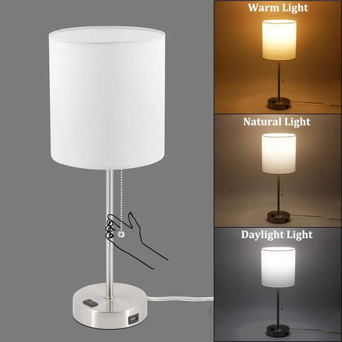 2 Pack Bedside Table Lamps With USB Port And AC Outlet, Pull Chain, Adjustable 2700K to 5000K White Light, Illustrated Light Settings
