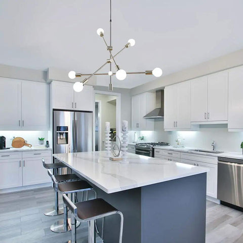 Brushed Nickel 6 Light Dope Sputnik Chandelier For Dining Room Kitchen Island Modern Industrial Pendant Light With Adjustable Arms And Dual Suspension Options hanging in modern kitchen.