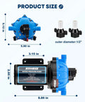 Diagram of Upgraded 2026 7.5 GPM 70 PSI 12V DC RV Water Pump Self Priming Beefed Up Five Chamber Diaphragm, with product measurements.