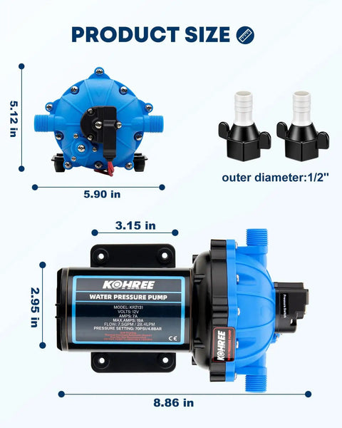 Diagram of Upgraded 2026 7.5 GPM 70 PSI 12V DC RV Water Pump Self Priming Beefed Up Five Chamber Diaphragm, with product measurements.