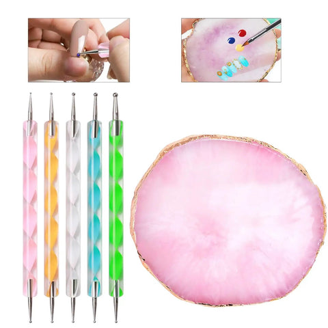 22 Piece Nail Art Tools Set With Gold Edge Resin Palette And 2 Way Acrylic Silicone Engraving Pen And Dotting Pen Kit For DIY