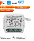 Two Channel WiFi Relay Switch Module With Tuya Smart Life App Dry Contact Output Works With Alexa And Google Home 5V DC Or 12 24V DC Input 110 240V AC Power Range For Garage Doors Lights And Home Automation ABS Case Included with visible wiring and connectors.