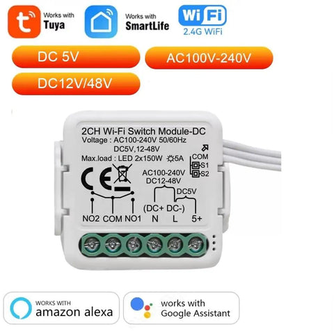Two Channel WiFi Relay Switch Module With Tuya Smart Life App Dry Contact Output Works With Alexa And Google Home 5V DC Or 12 24V DC Input 110 240V AC Power Range For Garage Doors Lights And Home Automation ABS Case Included with visible wiring and connectors.