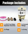 R12T Marine Fuel Water Separator Kit For One Quarter NPT Outboard Motors with parts like filter, fittings, and O-ring