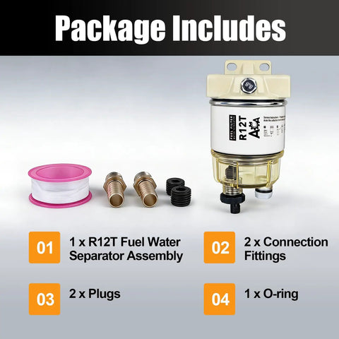 R12T Marine Fuel Water Separator Kit For One Quarter NPT Outboard Motors with parts like filter, fittings, and O-ring