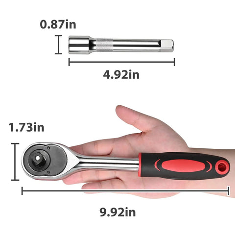 One Half Inch Drive Ratchet Socket Set With Ten Sockets From Ten Through Fifteen Seventeen Nineteen Twenty Two Twenty Four Millimeter Plus Two Way Quick Release Ratchet Handle And Extension Bar Chrome Vanadium Steel Built For Durability shown with dimensions in hand.