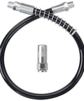 Grease Gun Accessory Kit Built Tough With Eighteen Inch Resin Spring Flex Hose No Kink One Normal Coupler One Eighth NPT Threads Ten Thousand PSI Max Heavy Duty Pro Grade Components For Pros, showing hose and coupler