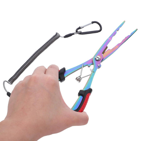 Toddmomy multifunction long-nose fishing pliers, stainless steel with rainbow finish, line cutter and hook remover, lanyard