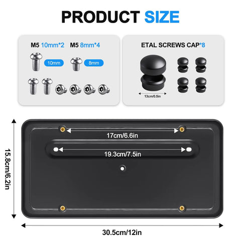 Product dimensions of rear license plate frame and holder for Tesla Model 3 and Y with included anti-theft screw kit