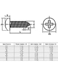 Technical diagram of self tapping wood screw set black mini cross head pan screws for DIY quick fixes on small wood projects sizes M1 to M4