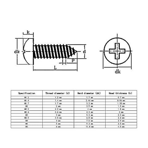 Technical diagram of self tapping wood screw set black mini cross head pan screws for DIY quick fixes on small wood projects sizes M1 to M4