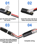 Double Wire Plug In Connector Kit For Low Voltage LED Light Strips With Locking Buckle, 2 Pin Quick Disconnect Connectors For DIY And Repair, Tool Free Easy Cable Insertion, No Wire Stripping Needed, Compatible With 18 To 22 AWG, 4-step wiring guide