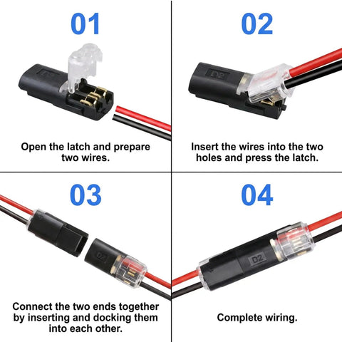 Double Wire Plug In Connector Kit For Low Voltage LED Light Strips With Locking Buckle, 2 Pin Quick Disconnect Connectors For DIY And Repair, Tool Free Easy Cable Insertion, No Wire Stripping Needed, Compatible With 18 To 22 AWG, 4-step wiring guide