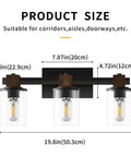 Dimensions of 3 Light Rustic Wood Vanity Light With Clear Glass Shades Modern Black Farmhouse Bathroom Over Mirror Fixture.