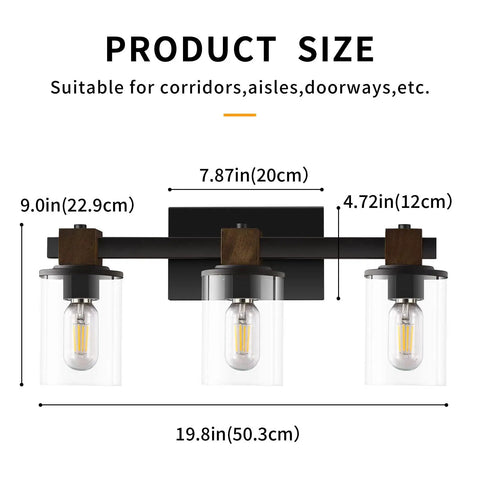 Dimensions of 3 Light Rustic Wood Vanity Light With Clear Glass Shades Modern Black Farmhouse Bathroom Over Mirror Fixture.