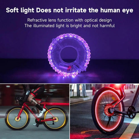 Rechargeable Bike Wheel Lights With 21 Dope Colors And Modes, Ultra Bright LED Hub Accessories For Kids Teens Adults shown on bikes.