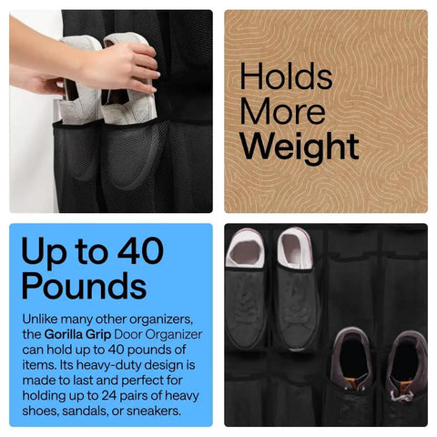 Heavy Duty Over The Door Shoe Organizer With 24 Roomy Pockets, Holds shoes securely with reinforced mesh pockets.